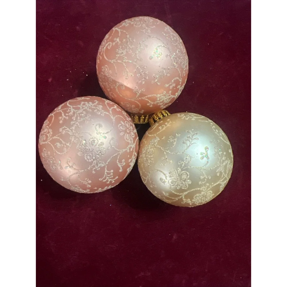 Set of 3 Pink and Champagne Gold Glass Christmas Ornaments Floral Glitter Design